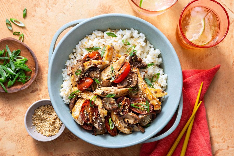 Braised tofu and shiitake stir-fry with black bean sauce over rice