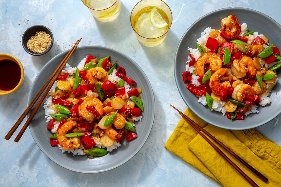 Sweet and sour stir-fry with water chestnuts, snap peas, and rice