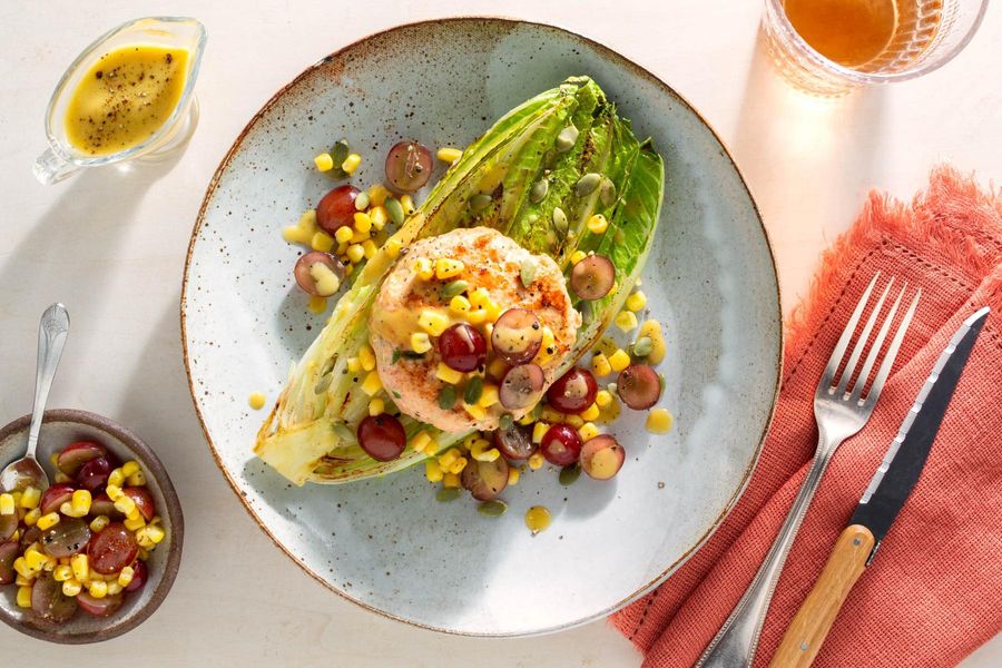 Salmon burger with grilled romaine and corn and grape salsa