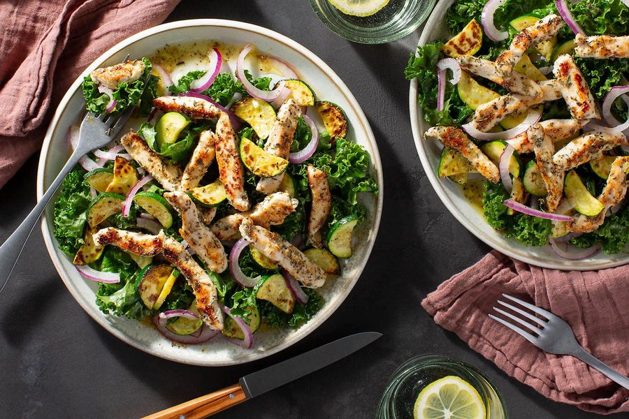 Chicken Breasts With Roasted Delicata Squash, Wilted Kale, and Raisins