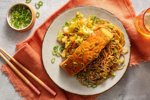 Honey-umami glazed salmon with cabbage and Vietnamese garlic noodles