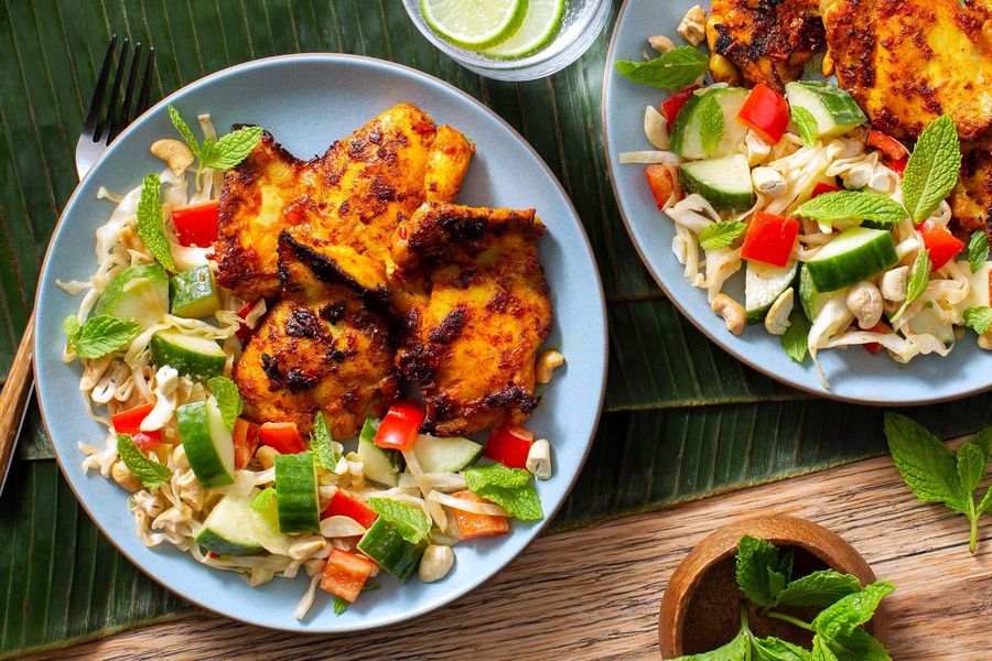 Spicy Balinese chicken with cucumber-cabbage salad