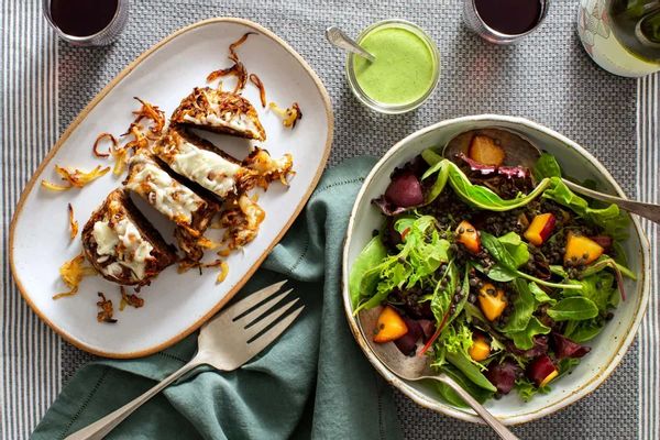 French onion meatloaf with lentil and plum salad