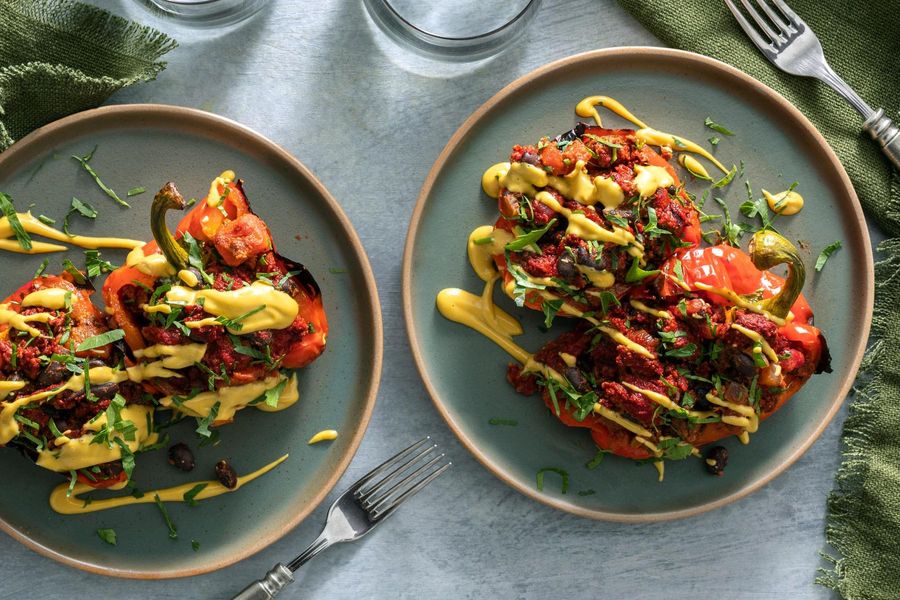 Stuffed bell peppers with black beans and your choice of protein