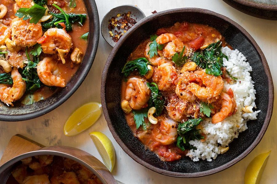 Tomato-coconut shrimp with spinach and white rice