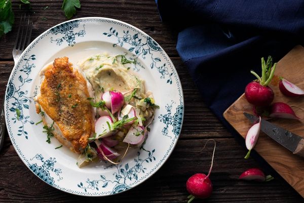 Roasted chicken with braised radishes and celery-root puree