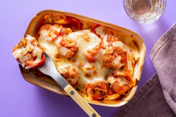 Quinoa penne with spicy arrabbiata, Italian sausage, and bell peppers
