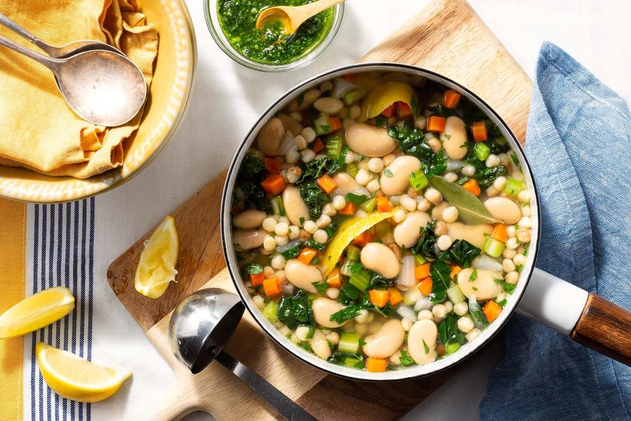 Butter beans and fregola en brodo with kale and pistou