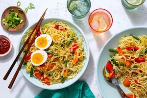 Hakka noodles with stir-fried vegetables and soft-cooked eggs