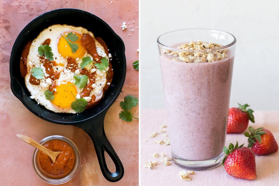 Fried eggs with New Mexican chile salsa & Strawberry-chia smoothies with granola topping