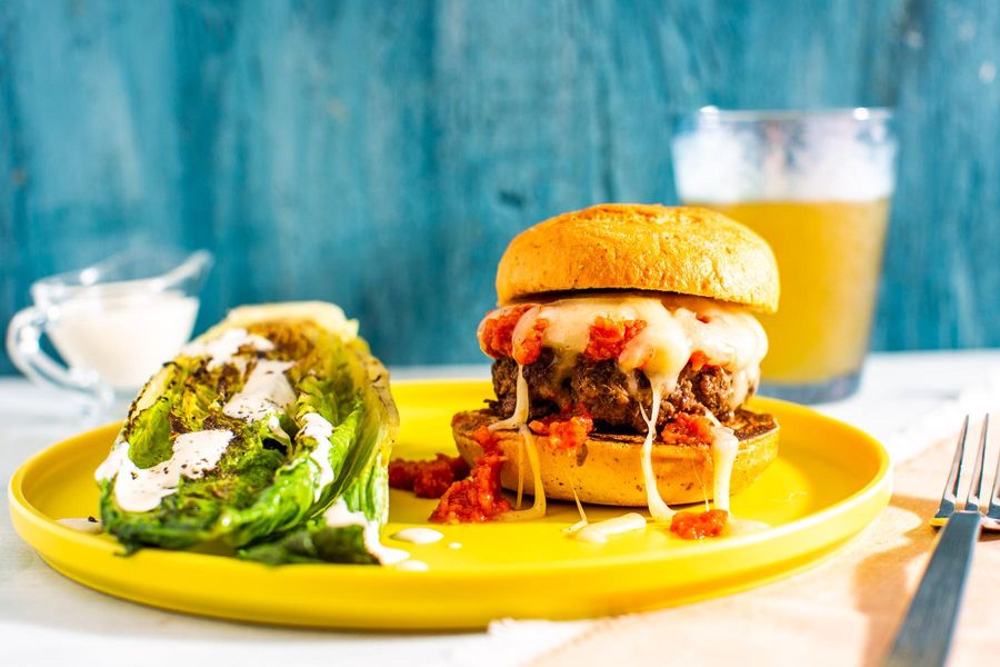 Mozz and marinara burgers with seared Caesar salad