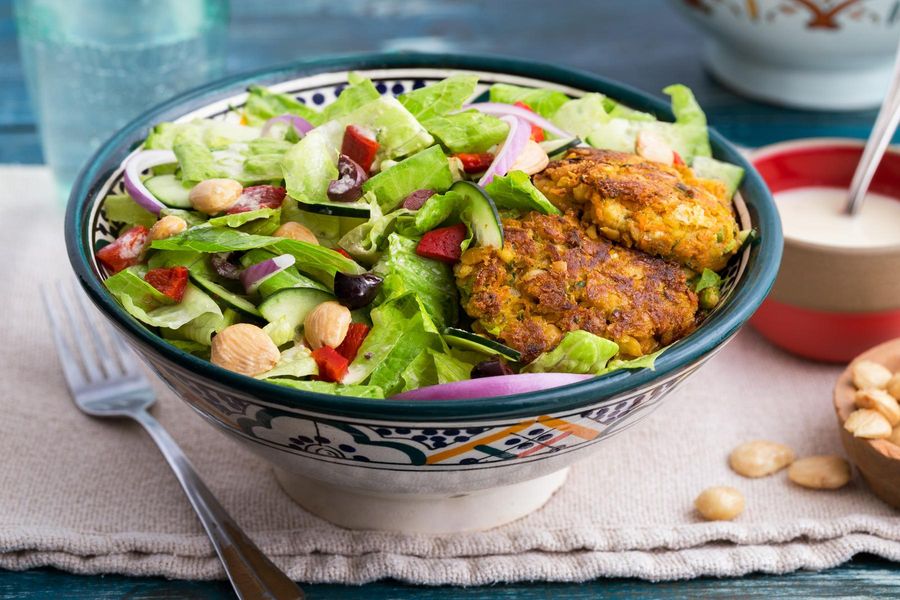 Mediterranean salad with falafel, Kalamata olives, and Marcona almonds