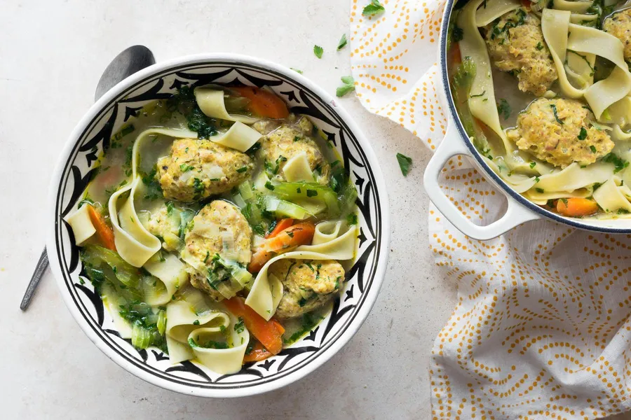 Persian chicken-dumpling and egg-noodle soup