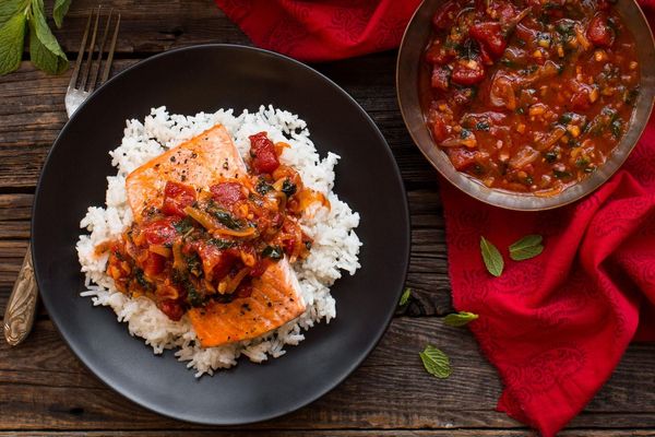 Salmon with tomato-ginger chutney and cardamom rice
