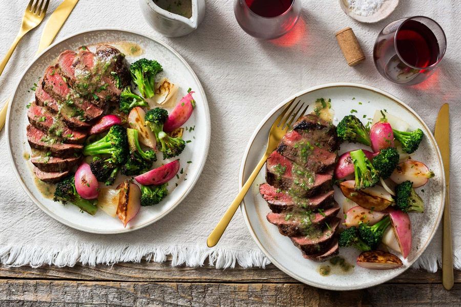 Black Angus rib-eye steaks with bagna càuda, broccoli, and radishes