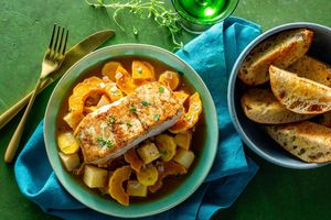 Seared halibut with fall vegetable stew and toasted ciabatta