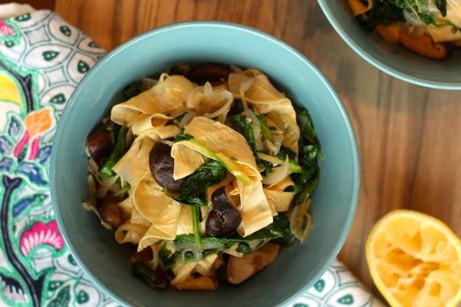 Yuba with shiitake mushrooms, greens and chives 