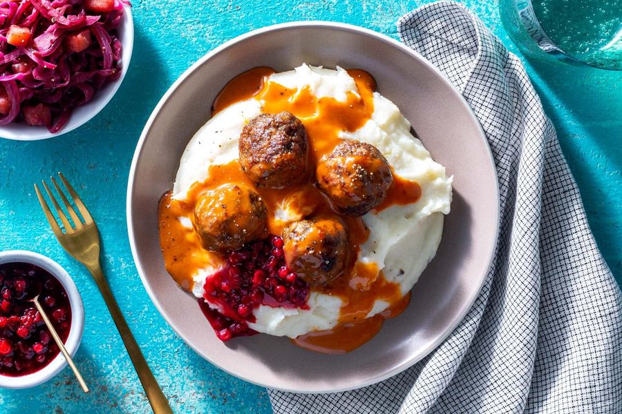 Swedish Meatballs With Garlic Mashed Potatoes And Lingonberry Sauce