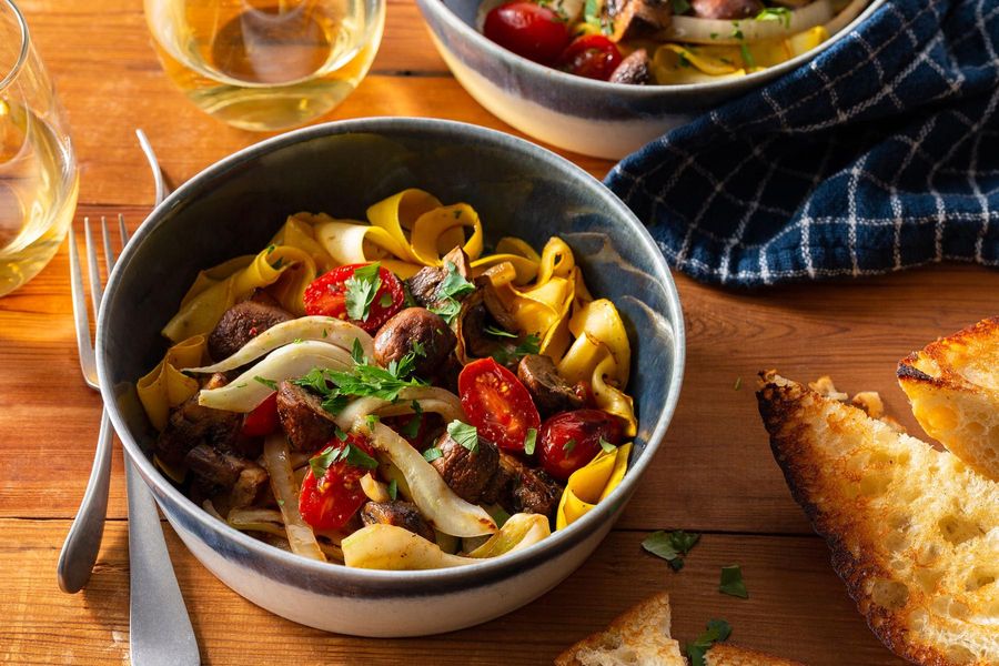 Squash ribbons with mushrooms, fennel, and ciabatta toasts