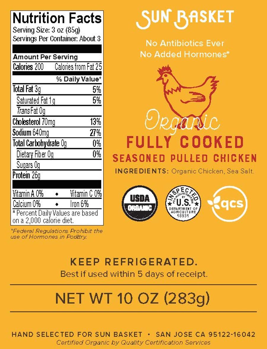 Organic pulled cooked white chicken meat Sun Basket