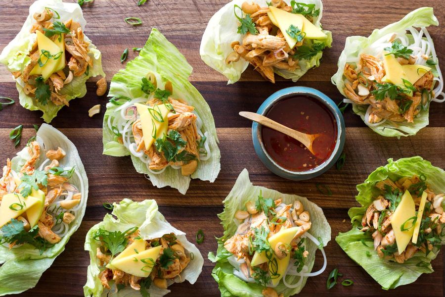 Mango chicken lettuce cups with rice noodles