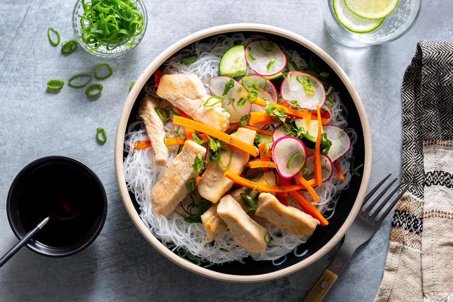 Saigon noodle bowls with braised tofu and cucumber-radish salad