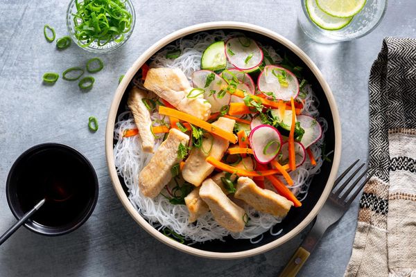 Saigon noodle bowls with braised tofu and cucumber-radish salad