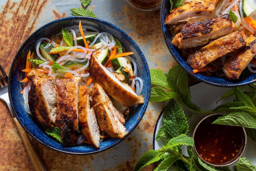 Hoisin Glazed Chicken with Glass Noodles and Cucumber Salad