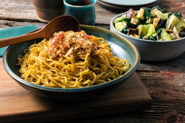 Vietnamese garlic noodles with warm eggplant salad