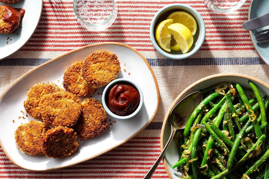 Crispy tempeh tenders with BBQ sauce and lemon-shallot green beans