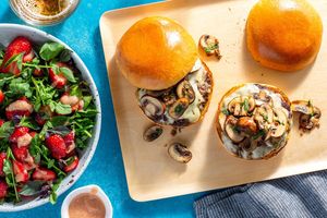 Mushroom-Gruyère Wagyu burgers with strawberry and watercress salad