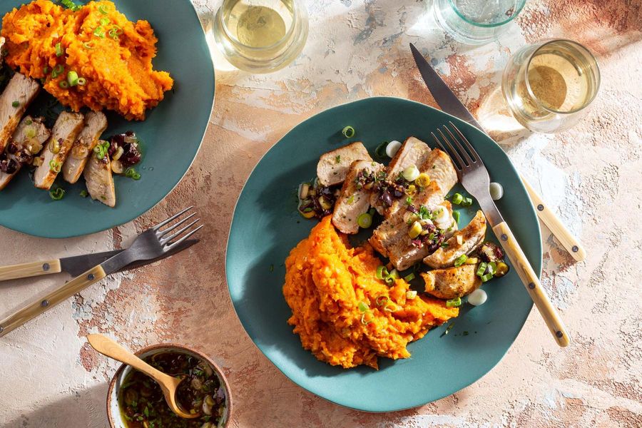 Pork chops with sherry vinaigrette pan sauce and sweet potato mash