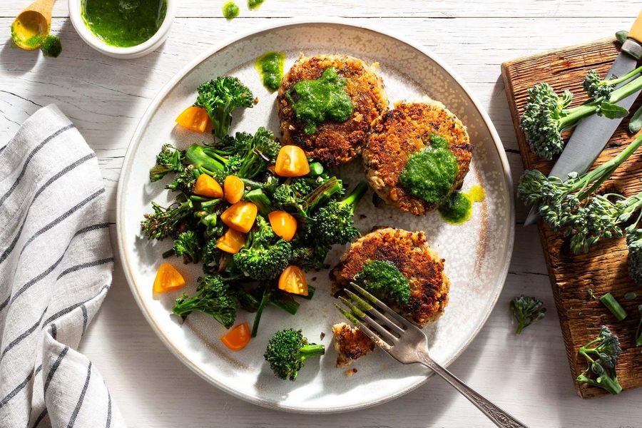 Quinoa–white bean fritters with baby broccoli and basil pesto