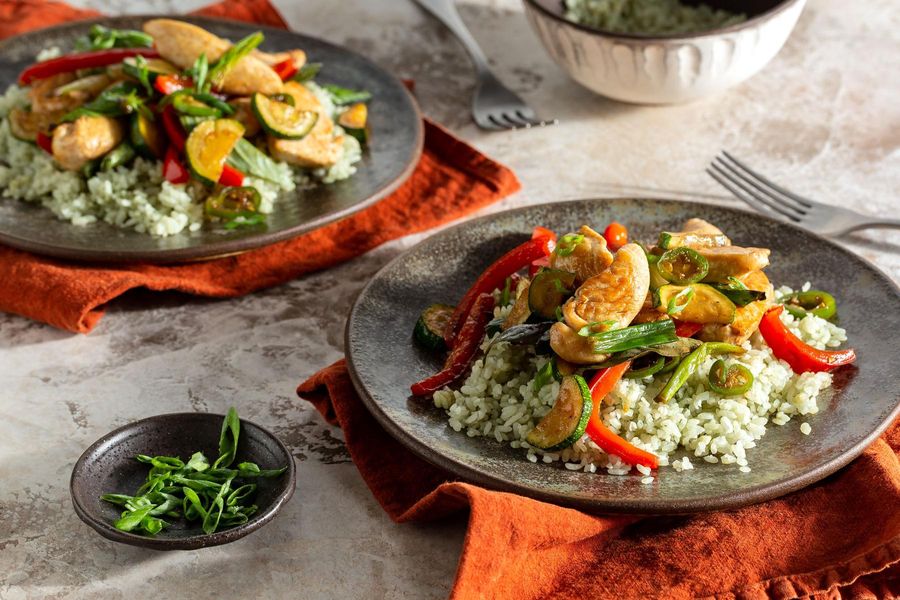 Chicken and basil stir-fry with jade rice