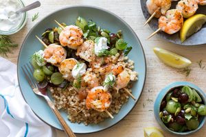 Shrimp with grape salsa and pearl couscous