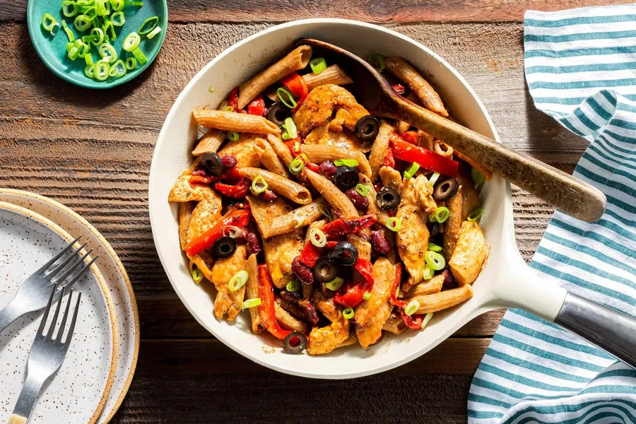 Chicken fajita skillet with roasted red peppers and penne pasta