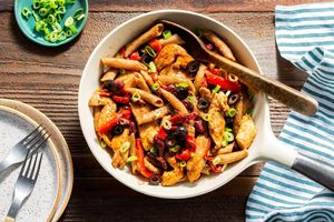Chicken fajita skillet with roasted red peppers and penne pasta