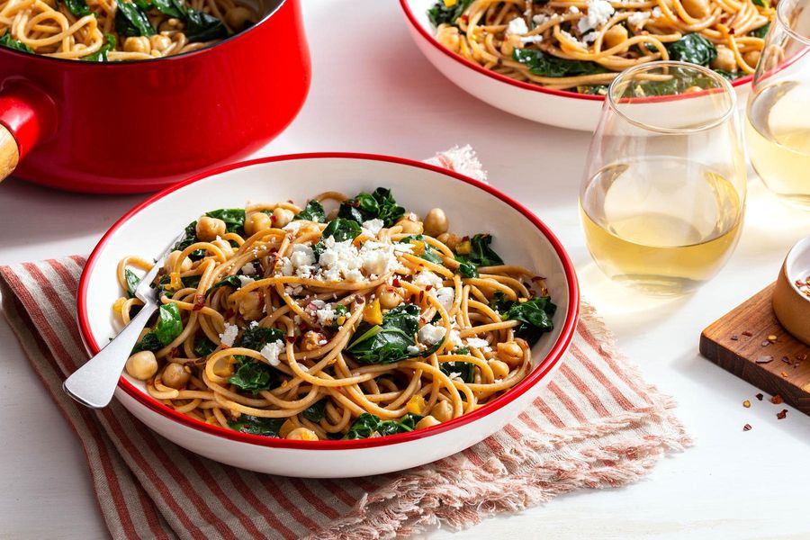 Spaghetti with chickpeas, kale, and preserved lemon