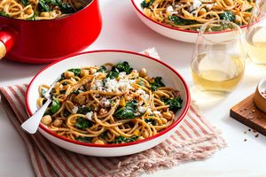 Spaghetti with chickpeas, kale, and preserved lemon