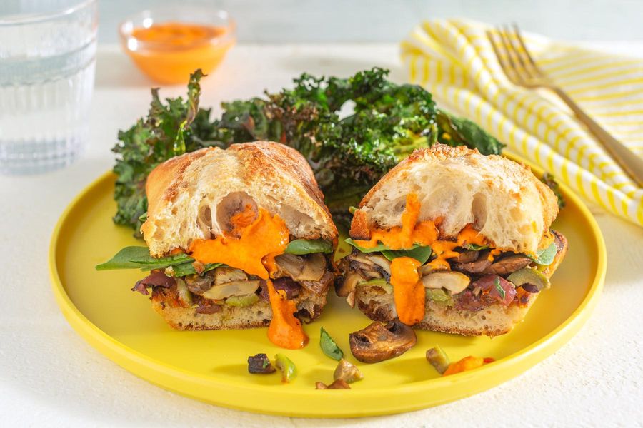 Mushroom muffulettas with olive tapenade and paprika-spiced kale chips