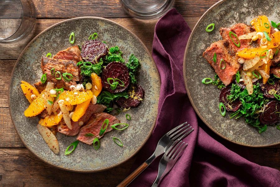 Steaks with citrus salsa and rosemary-roasted beets