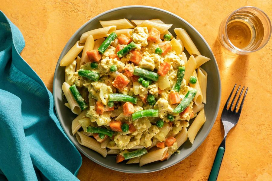 Chicken “pot pie” penne with carrots, sweet peas, and thyme