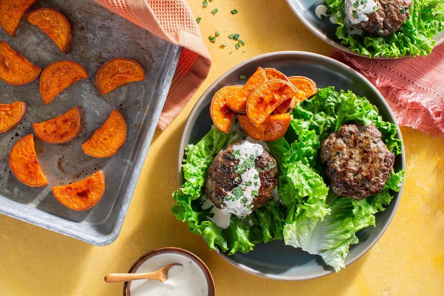 Lettuce-wrapped lamb sliders with sweet potato and lemon-tahini mayo