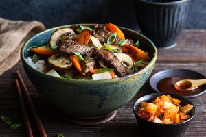 Korean beef bulgogi with cremini mushrooms, carrots, and pear kimchi