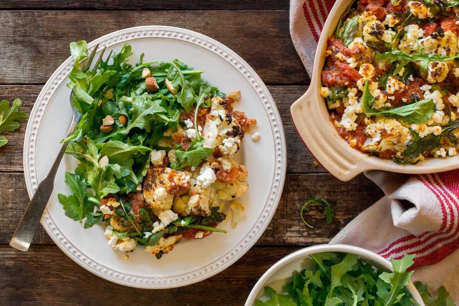 Cauliflower and goat cheese gratin with arugula-almond salad