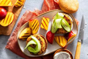 Falafel burgers with honey-lime yogurt, cucumber, and seared nectarines