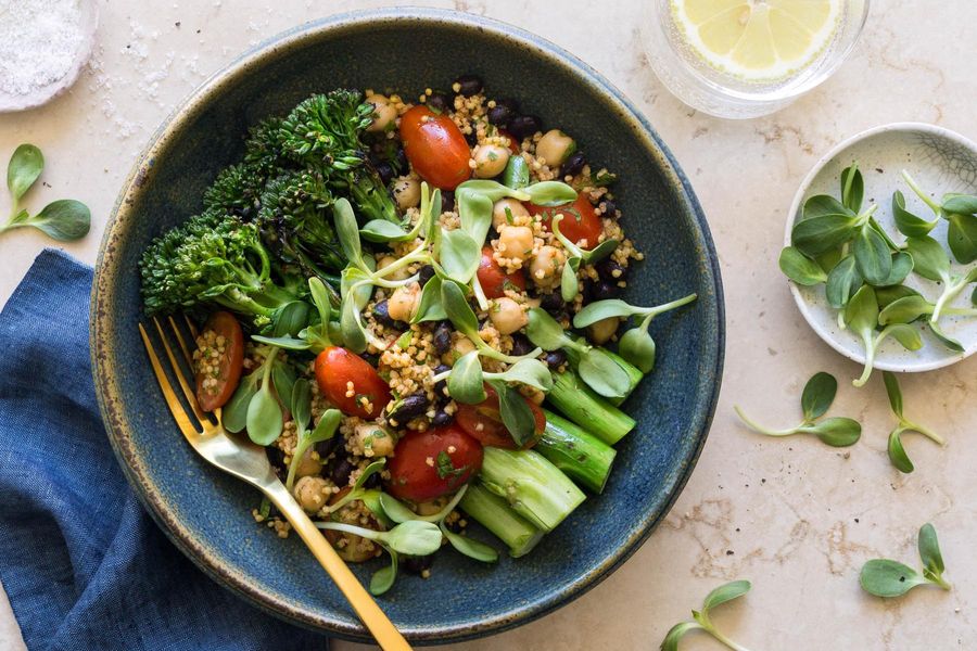 Toasted millet salad with tomatoes, chickpeas, and harissa