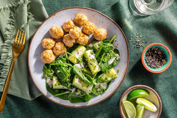 Japanese tsukune turkey meatballs with smashed cucumber salad