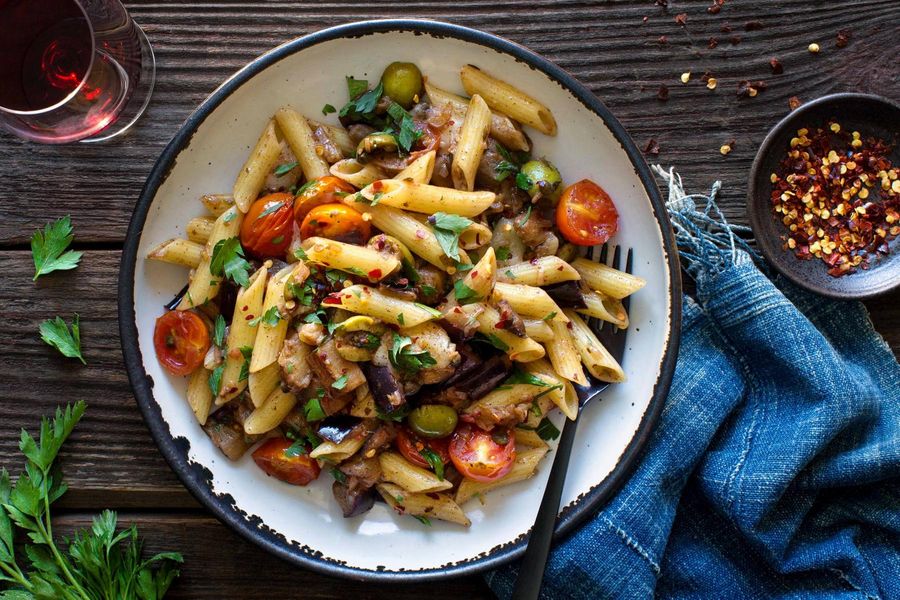 Gluten-free penne with caponata and smoked mozzarella