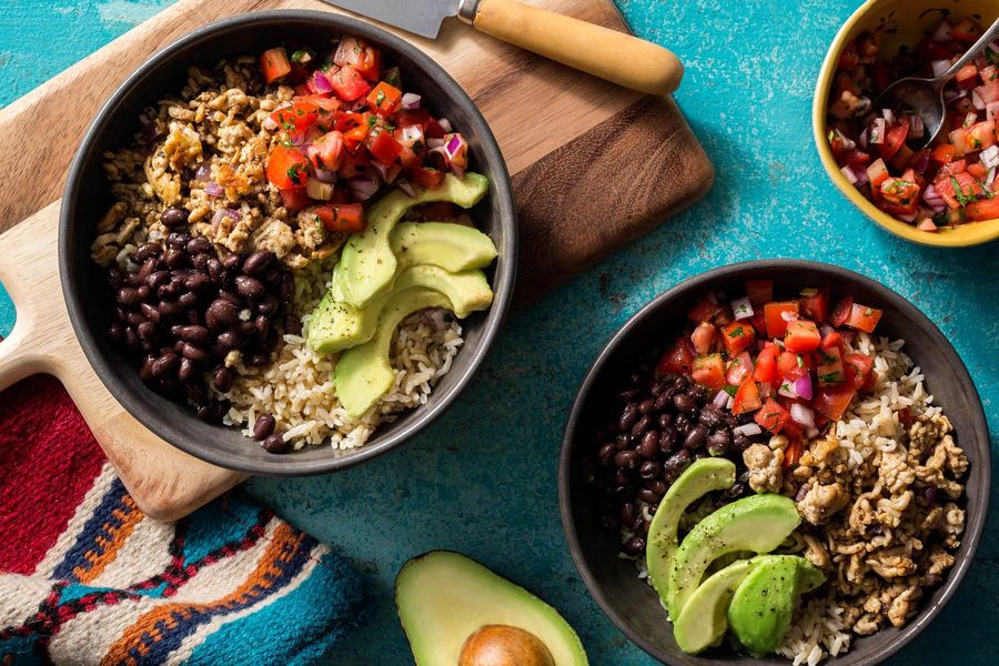 Turkey taco bowls with brown rice, black beans, and pico de gallo image